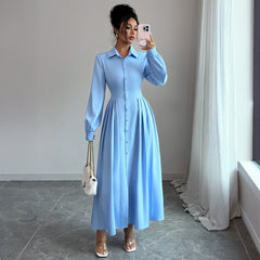 Gaovot Elegant Sky Blue Turn-Down Collar Long Sleeve Maxi Dress
