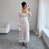 Gaovot Elegant White Lace Square Neck Flared Sleeve Maxi Dress