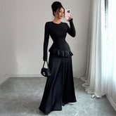 Gaovot Elegant Black Peplum Waist Satin Maxi Dress with Long Sleeves