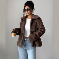 Gaovot Faux Fur Lapel Collar Button Front Long Sleeve Cropped Women Coat