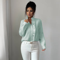 Gaovot Elegant Light Blue Striped Ruffle Detail Blouse for Office Wear