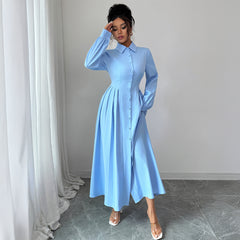 Gaovot Elegant Sky Blue Turn-Down Collar Long Sleeve Maxi Dress