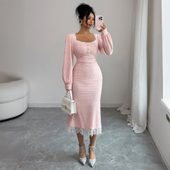 Gaovot Textured Sweetheart Neck Ruched Midi Dress with Lace Hem