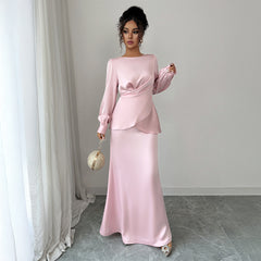 Gaovot Elegant Pink Satin Long Sleeve Wrap Blouse & Mermaid Maxi Skirt Two Piece Set