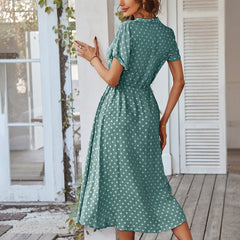 Gaovot Dot-printed shirt-collar beach-style maxi Women dress