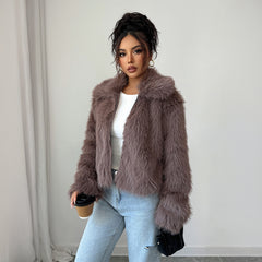 Gaovot Taupe Faux Fur Lapel Collar Open Front Cropped Coat for Daily Wear