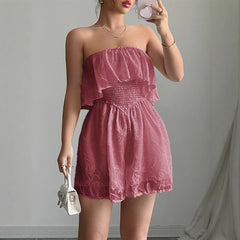 Gaovot Strapless Ruffle Trim Smocked Waist Embroidered Romper for Beach