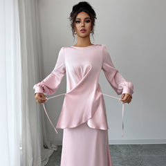 Gaovot Elegant Pink Satin Long Sleeve Wrap Blouse & Mermaid Maxi Skirt Two Piece Set