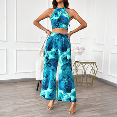 Gaovot Casual commuting vacation style color-blocked neck-up top paired with wide-leg pants set for women