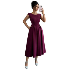 Gaovot Summer elegant solid color cinched waist ankle-length dress pocket design tank dress