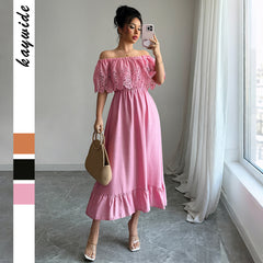 Gaovot Elegant Pink Off Shoulder Lace Sleeve Ruffle Midi Dress