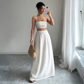 Gaovot Elegant White Cami Crop Top & High Waist Maxi Skirt Two Piece Set