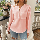 GAOVOT V Neck Spring and Summer Women Blouse Long Sleeve Pocket Casual Women Tops