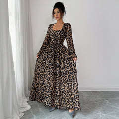 Gaovot Leopard Print Square Neck Long Sleeve Smocked Waist Tiered Maxi Dress