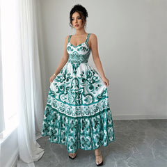 Gaovot Boho Porcelain Print Spaghetti Strap Women Maxi Dress for Beach