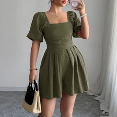 Gaovot Square Neck Ruched Waist Puff Sleeve Romper for Daily Wear
