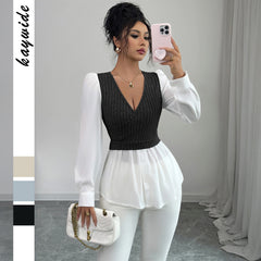Gaovot Contrast Ribbed Knit Panel V-Neck Blouse with Flared Hem