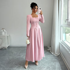 Gaovot Pink Square Neck Long Sleeve A-Line Maxi Dress for Formal Occasions