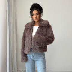Gaovot Taupe Faux Fur Lapel Collar Open Front Cropped Coat for Daily Wear