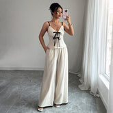 Elegant Contrast Binding Bow Front Cami Top & Wide Leg Pants Two Piece Set