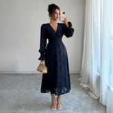 Gaovot Navy Blue Lace V-Neck Lantern Sleeve Midi Dress