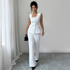 Gaovot Textured Double Breasted Vest & High Waisted Wide Leg Pants Set