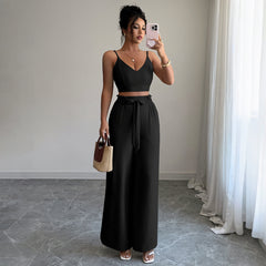 Gaovot Olive Green Two-Piece Set Strap Crop Top & Wide-Leg Pants