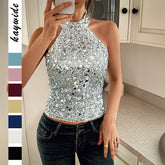 Gaovot Y2K style exquisite sleeveless collar-neck party sequin tops women