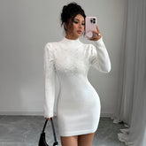 Gaovot Beaded High Neck Long Sleeve Bodycon Knit Mini Dress for Winter