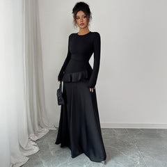 Gaovot Elegant Black Peplum Waist Satin Maxi Dress with Long Sleeves