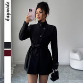 Gaovt Elegant Black Stand Collar Belted Button Front Long Sleeve Tunic Coat