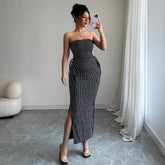 Gaovot Black & White Striped Strapless Crop Top & Maxi Skirt Matching Set for Party