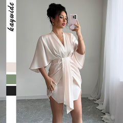 Gaovot Satin Deep V Neck Batwing Sleeve Asymmetrical Hem Mini Dress for Evening