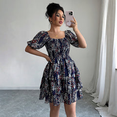Gaovot Floral Print Square Neck Puff Sleeve Smocked Tiered Mini Dress for Daily Wear