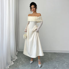 Gaovot Elegant Off-the-Shoulder White Evening Gown with Floral Embellishments