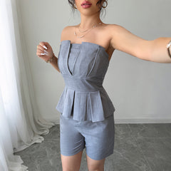 Gaovot 2 Pcs Set Grey Strapless Peplum Top & High Waist Shorts Set for Casual Outings