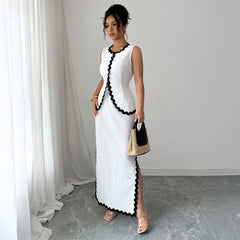 Gaovot White Contrast Scallop Trim Sleeveless Crop Top & High Waist Side Slit Maxi Skirt Set for Evening