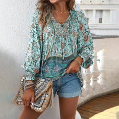 Gaovot Summer Bohemian Print Shirt for Women with Loose Long Sleeves and V-Neck - Spring Women's Dress