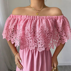 Gaovot Elegant Pink Off Shoulder Lace Sleeve Ruffle Midi Dress