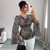Gaovot Trendy Leopard Print Flare Sleeve Ruched Bust Peplum Blouse