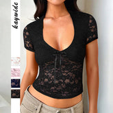 Gaovot Hot-selling Y2K style sexy V-neck sheer lace fitted short-sleeved top for women in Europe and America