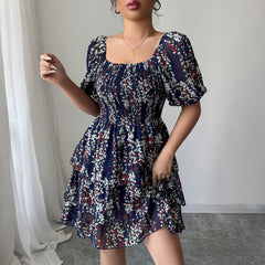 Gaovot Floral Print Square Neck Puff Sleeve Smocked Tiered Mini Dress for Daily Wear