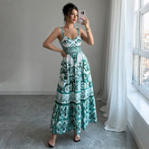 Gaovot Boho Porcelain Print Spaghetti Strap Women Maxi Dress for Beach