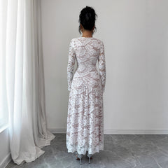 Gaovot Elegant White Lace Square Neck Flared Sleeve Maxi Dress