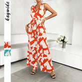 Gaovot Holiday print tie-knotted wide-leg long pants for ladies, one-piece set