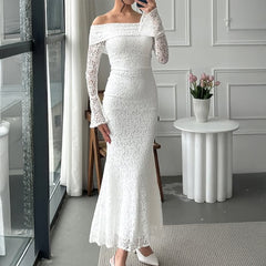Gaovot Elegant style lace long-sleeved plunging-sleeve sexy long dress dress for women