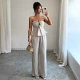 Gaovot Elegant Beige Strapless Twist Front Crop Top & Wide Leg Pants Two Piece Outfit