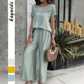 Gaovot Spring and Summer Fashion Vacation Lace Patchwork Short-Sleeved Long Pants Set Women