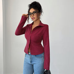 Gaovot Striped Long Sleeve Fitted Shirt with Turn-Down Collar
