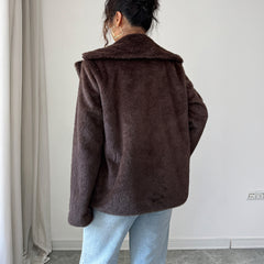 Gaovot Faux Fur Lapel Collar Button Front Pocket Detail Long Sleeve Mid-length Coat